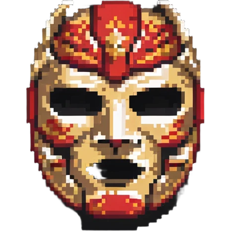 red and gold luchador mask with dramatic expression in pixel art style emoji