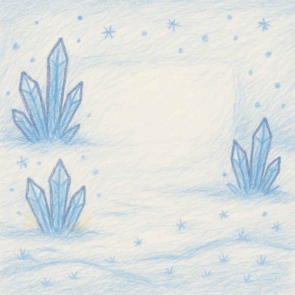 children's book page background set on an icy planet, snowy ground, glowing ice crystals, soft snowflakes, clear frosty patch for text, magical and gentle style, no characters emoji