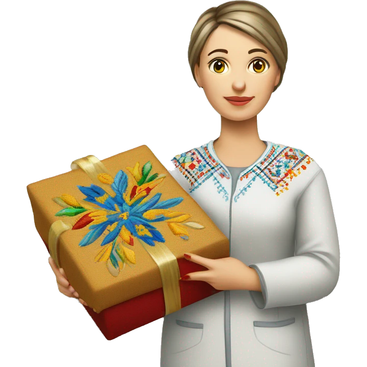 A female teacher in Ukrainian embroidery holds a gift in her hand emoji