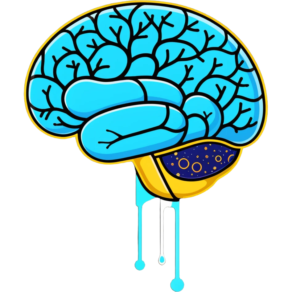 Cute sticker of a pearly blue capsule floating before a stylized brain with golden sparks forming a neural network pattern. A small liver icon glows nearby, all within a gentle swirling aura representing mental clarity and body connection emoji