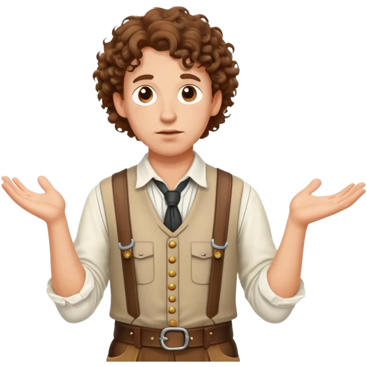 German person with brown curly hair in typical Bavarian clothing (lederhosen) shrugging and looking lost emoji