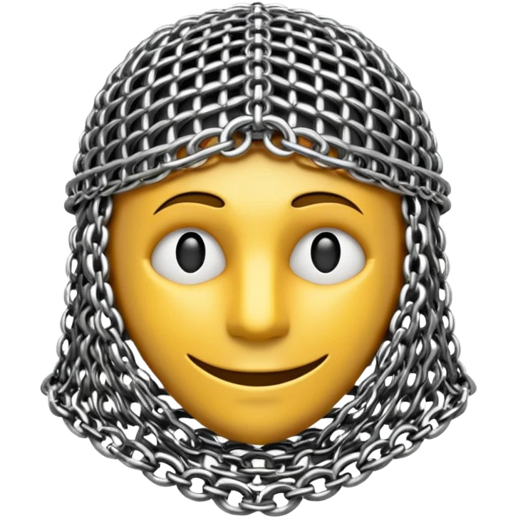 3D render of Medieval Coif, made of interlocking chainmail metal rings, wire mesh texture, visible holes and negative space, metallic silver and grey, high contrast shadows, emoji style, isolated on white background --v 6.0. emoji