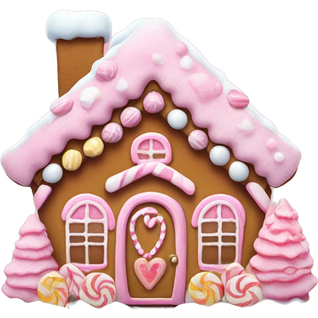 Pink gingerbread house with candy decorations, snow-covered roof, and a tiny heart on the door emoji