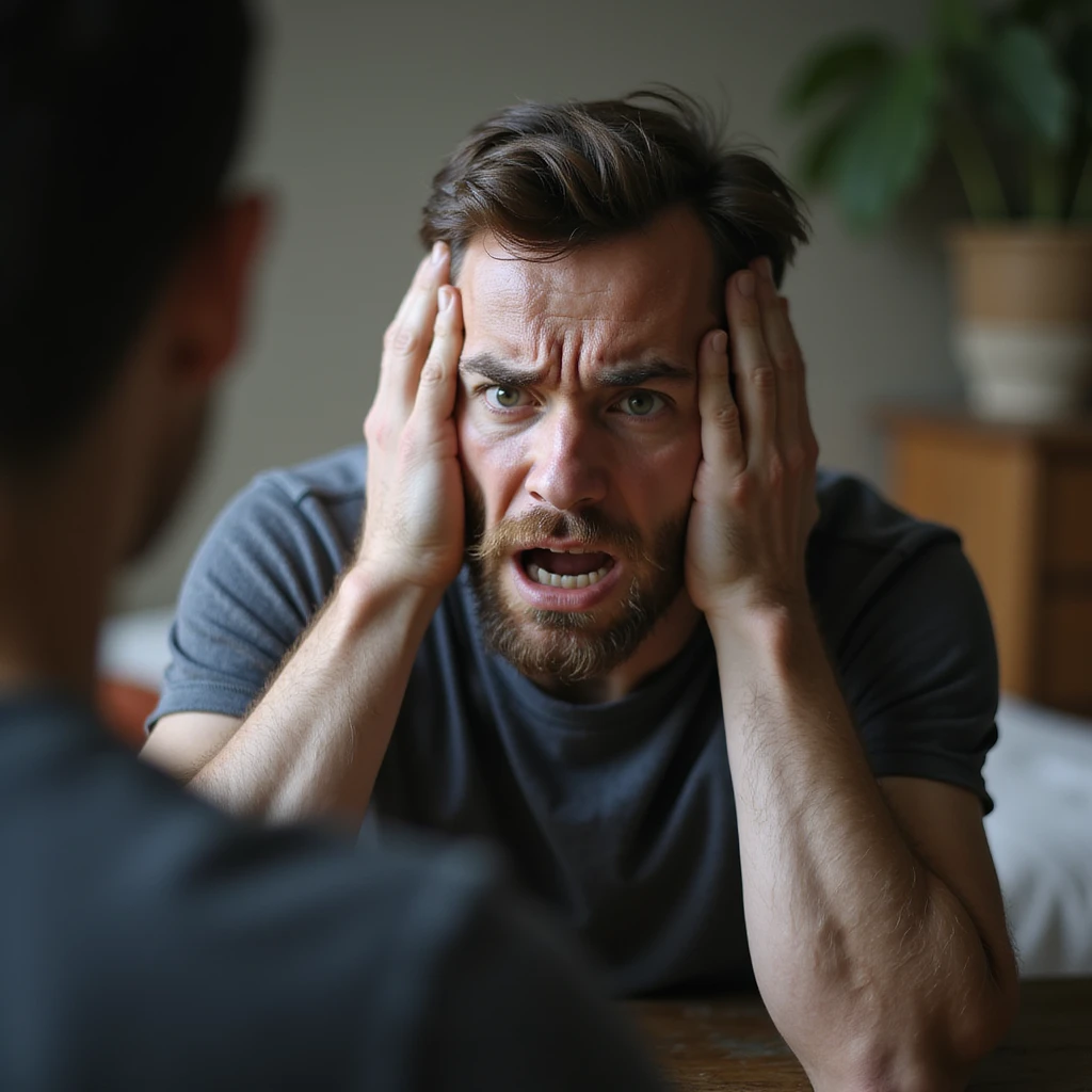 Hyperrealistic 4K image of a man holding his head with both hands, exaggerated expression of pain, but gaze directed at a person observing him, domestic environment, highly detailed. emoji