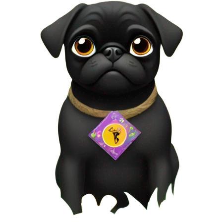 Black pug , surrounded by flowers, holding a green sign that says “good luck”  emoji