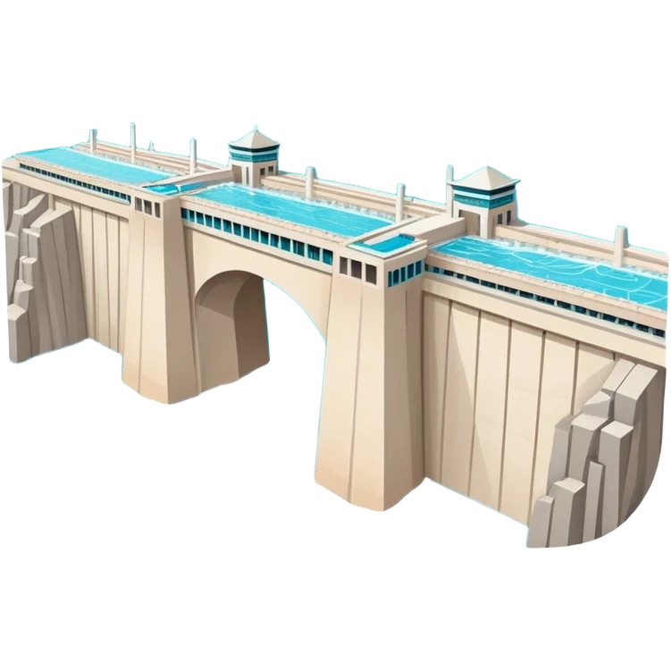 Yangtze River Three Gorges Dam massive structure, simplified emoji style with bold outlines and bright colors, cartoon style dam with water emoji