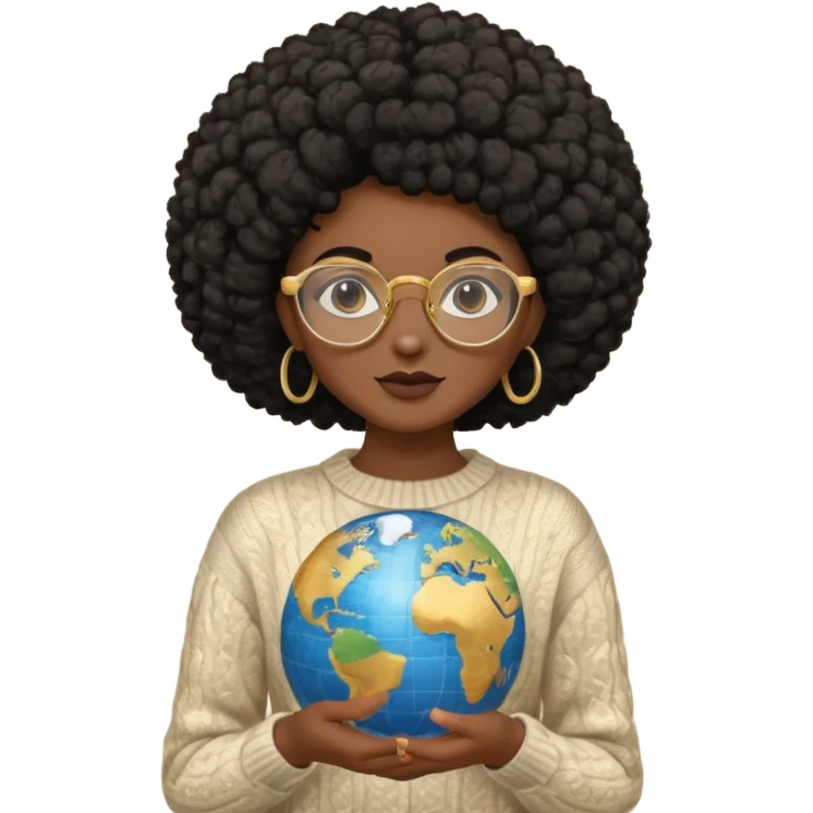 a young woman wearing gold round glasses and black afro hair, she has medium-dark skin, she's wearing a sweater and she's holding a globe in her hand emoji
