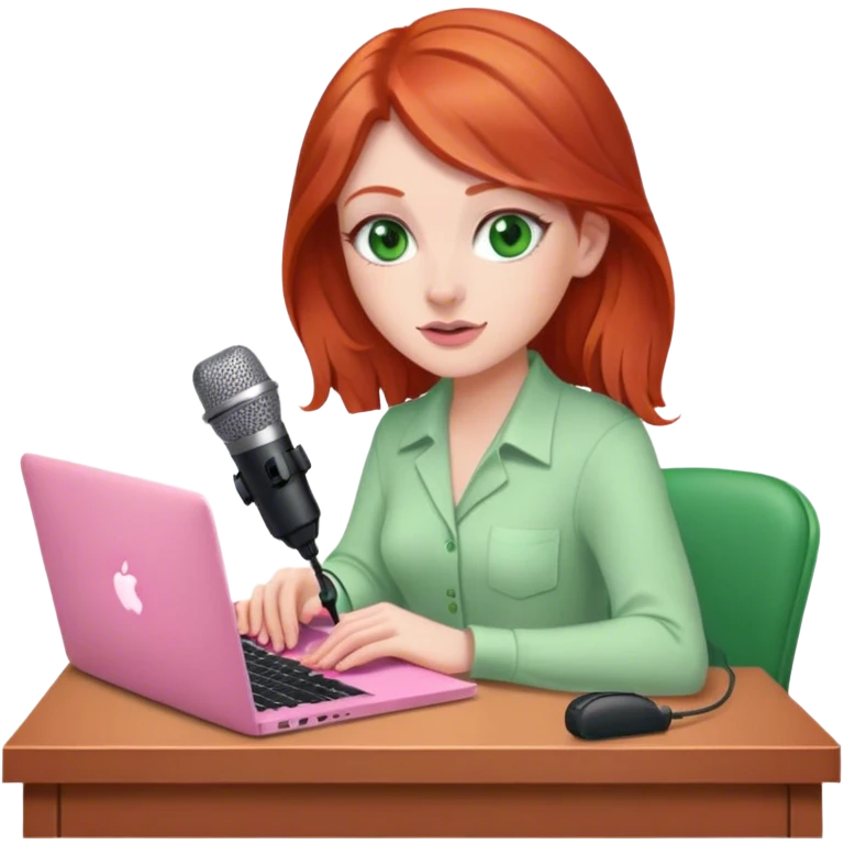 Redhead with green eyes sat at desk with pink MacBook and  podcast microphone  emoji