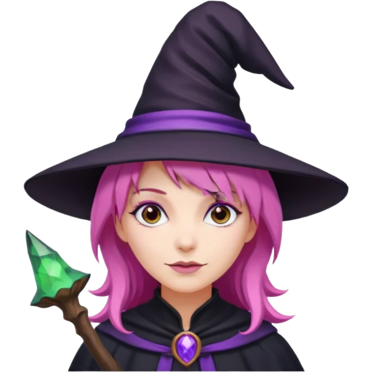 Make her a witch wearing a black and purple witch hat with pink hair  emoji