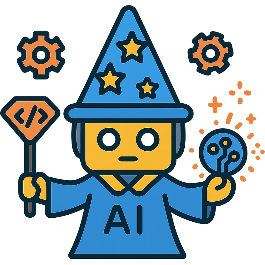 vector style mini AI wizard with gears floating around, holding a code wand, circuit orb emitting magical automation sparks, flat color, tech-inspired design emoji