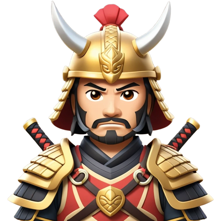 clash-of-clans-aesthetic_-cinematic-fearsome-and-majestic-samurai-bust-portrait-emoji, rendered in a flat, vector-style with minimal shading and bold, simplified shapes typical of emoji art, depicting a battle-hardened samurai with steely eyes and traditional Japanese armor, riding a noble warhorse adorned with an intricately designed saddle and fluttering banners, against a backdrop of cherry blossoms and a rising sun. emoji