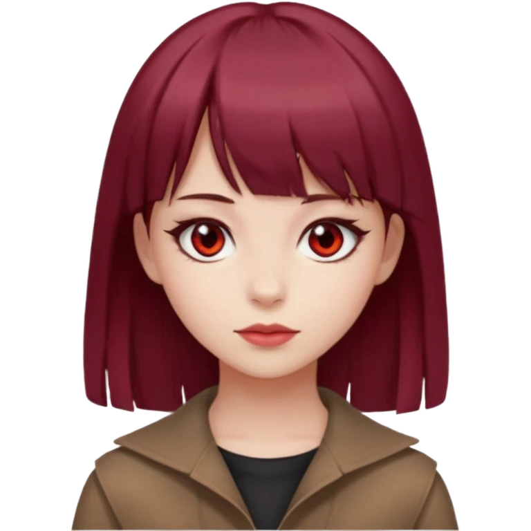 beautiful girl with maroon medium hair, straight bangs and red bando, red eyes and brown clothes emoji
