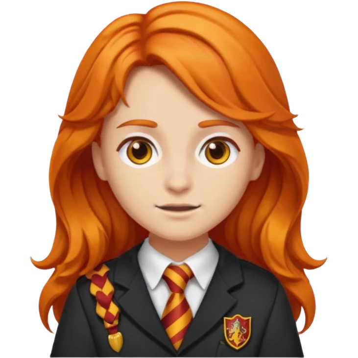A iphone emoji with long wavy fierce orange hair and hazel eyes, wearing Gryffindor school uniform emoji
