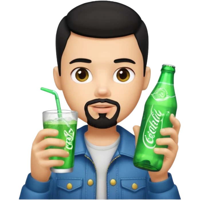 generate a pretty bratz boy with a buzz cut black hair, drinking sprite, bearded,  emoji