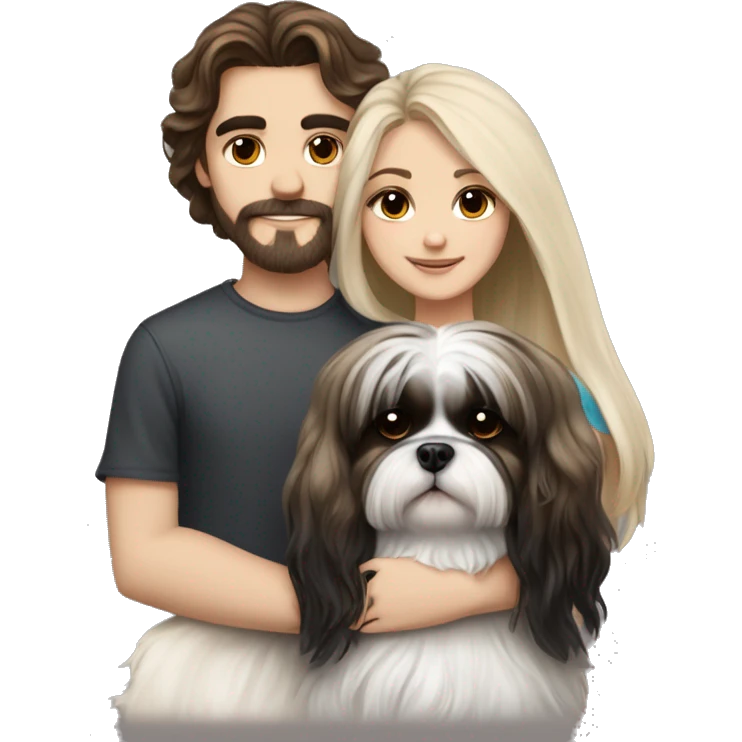 A couple, one very beautiful girl with very long volume hair brown and blond and one boy with perfect hair that hugs her and also hugs two black and white shih tzu emoji