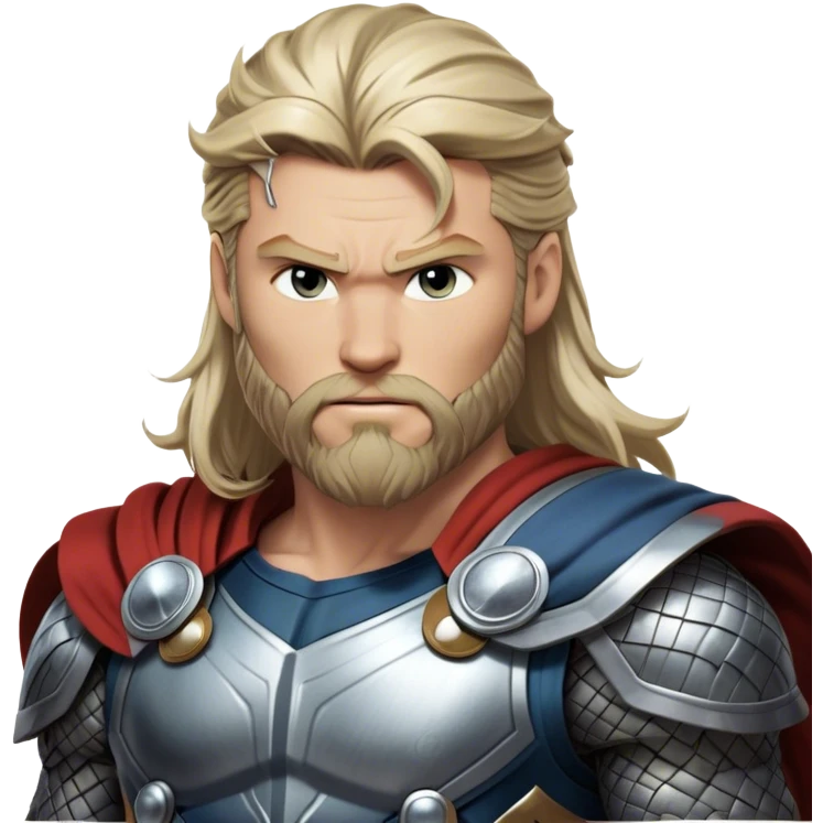 Cinematic Realistic Thor Portrait, depicted with lifelike skin texture and a commanding, muscular build that radiates divine strength. His piercing eyes, framed by rugged, flowing hair and a well-groomed beard, exude both determination and amiable authority. Clad in his signature armor with subtle hints of mystical lightning, the portrait is rendered in dynamic natural lighting with a radiant, heroic glow. emoji