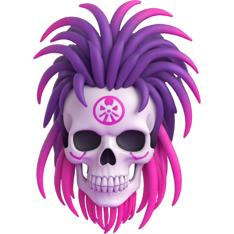 Change the dreadlocks to purple with pink ombre in the original 3D cartoon skull style, no background. emoji