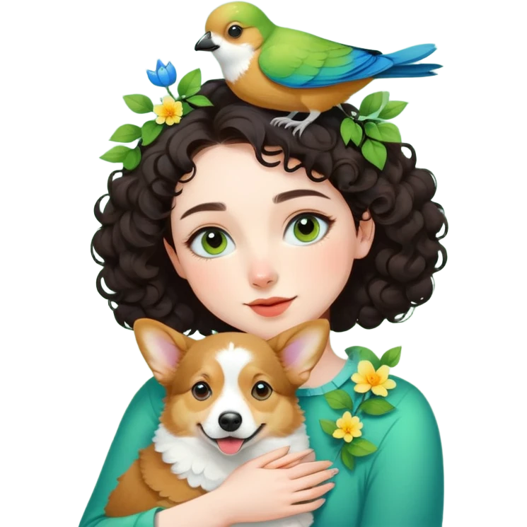 Dark short curly hair with pale skin and thin eyebrows girl hugging a welsh corgi. And a green-reddish lovebird on her head with yellow, blue love birds around her. emoji