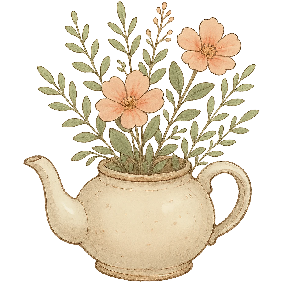 teapot with flowers and leaves in ghibli style, delicate, detailed, cozy emoji