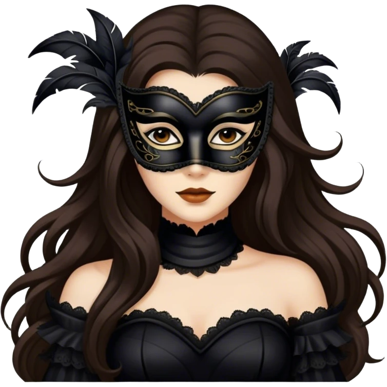 Greeneyed Woman hair with Long Dark brown hair wearing Black venetian mask emoji