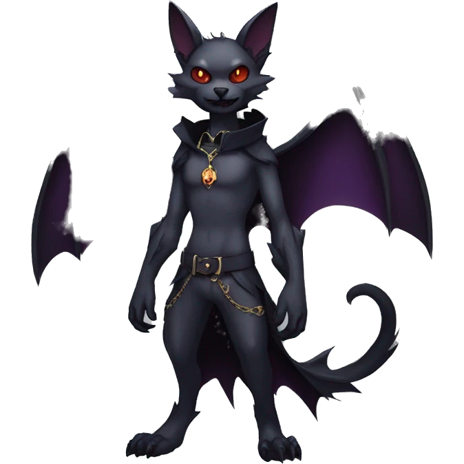 cool edgy anthro fantasy dark-shadow-themed animal vampiric bat-cat-hybrid Fakemon  with a collar full body emoji