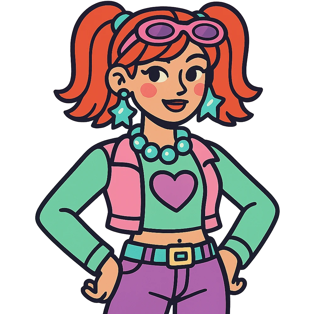 Y2K style girl with red hair, shiny accessories, pastel colors emoji