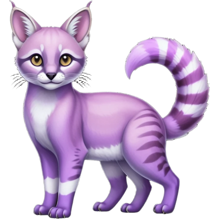 Colorful dark tropical pastel-lilac-lavender-violet iridescent pastel white glorious divine exotic cute cool beautiful shiny beautiful fantasy-caracal-civet-genet-vernid-oncilla-animal-Fakémon-hybrid-fursona (full body) emoji