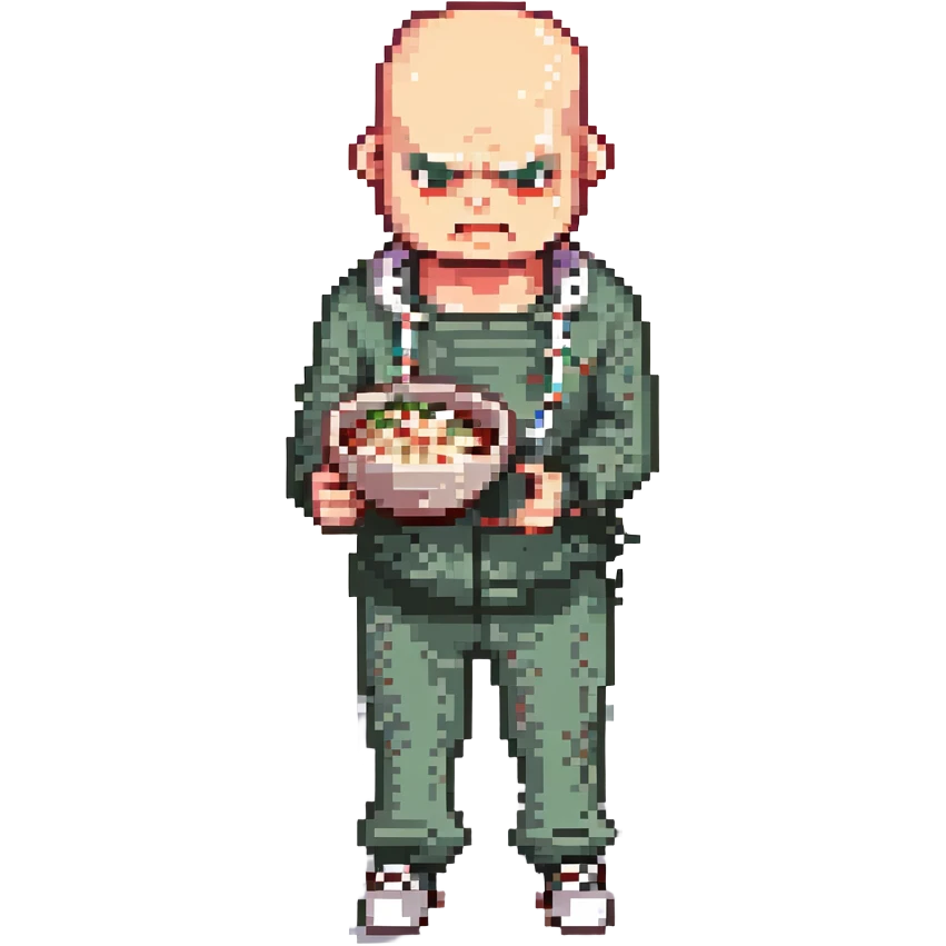 Pixel art thug in tracksuit, holding chain in Hand, bald head, angry expression, side view, retro arcade sprite 
Takes a plate of noodles in hand.  emoji