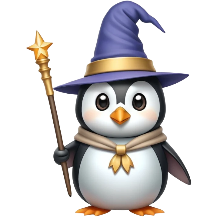 penguin wizard with pointed hat and magic wand emoji