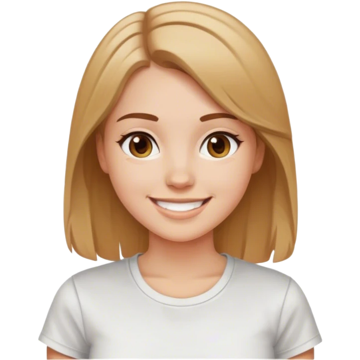 a white girl with brown hair highlighted with blone color, smiling , tshirt emoji