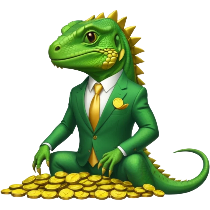 capitalist iguana in suit lying on coins emoji