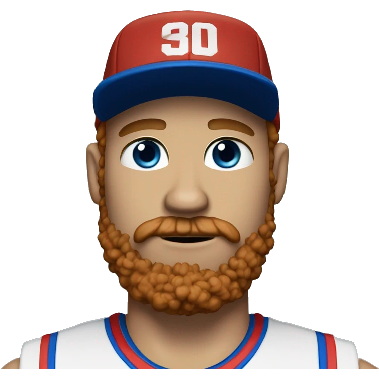 35 years old, male, short curly red hair, black basketball hat, blue eyes, pale complexion, thick beard and thin mustache emoji