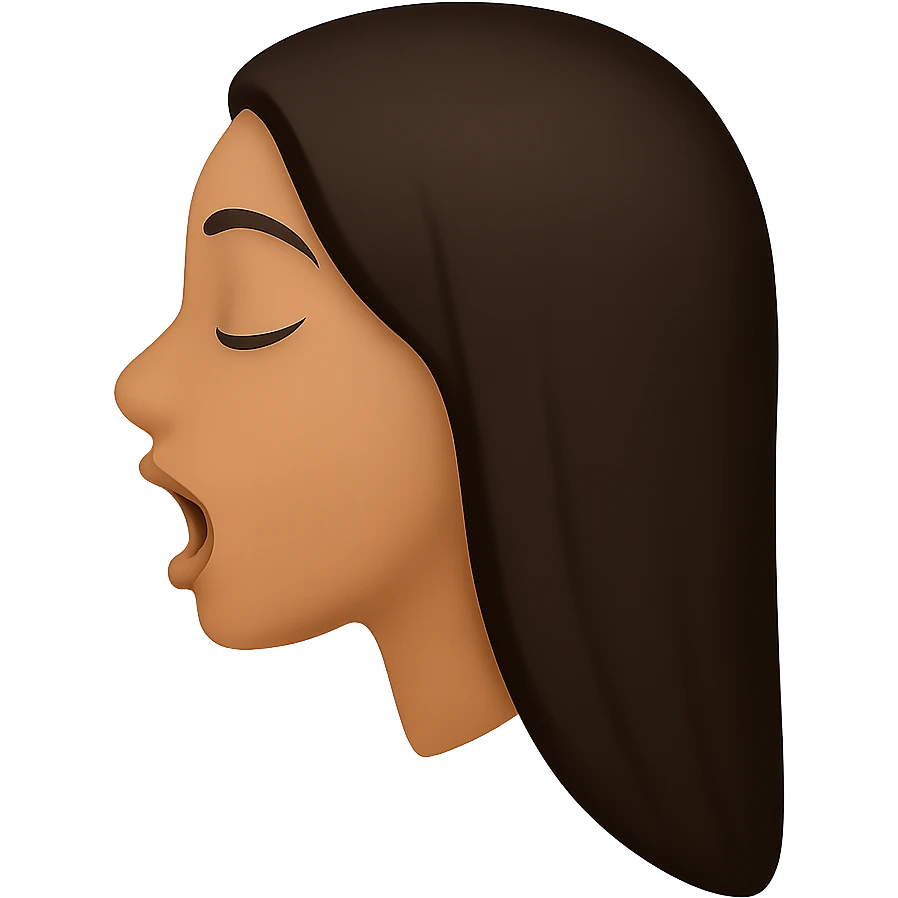 Create a side view (profile) of this woman's head in the normal iPhone emoji style, with closed eyes and an open mouth, smooth shading, no outlines, and long dark hair. Variant 3. The style should replicate the smooth shading and no outlines typical of the iPhone emoji style. emoji