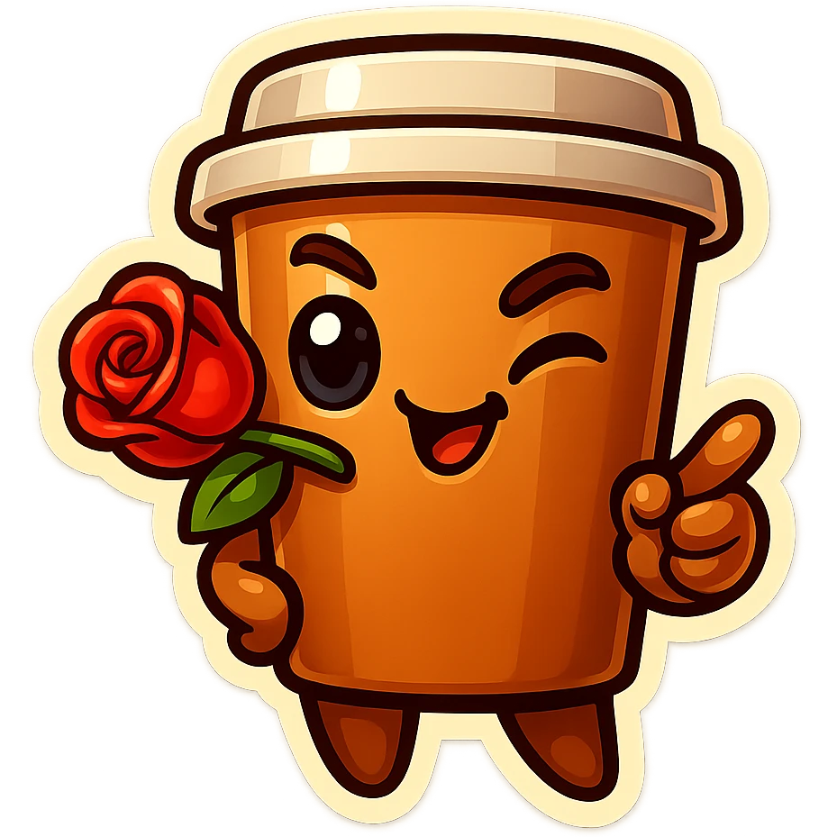 Tall coffee cup, rose in mouth, wiggle eyebrow, smirk, pointing at viewer emoji