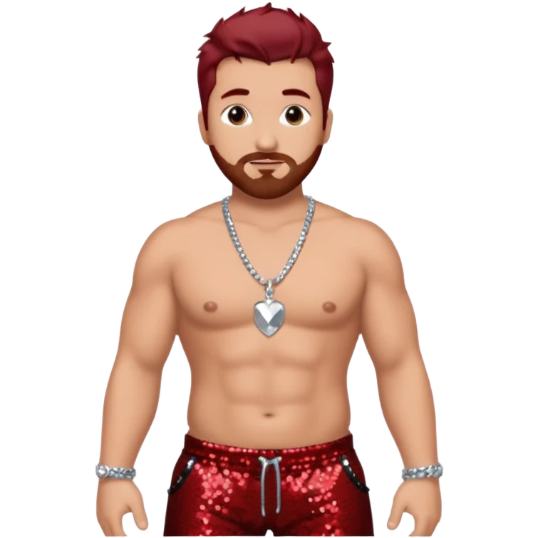 Joey Fatone with dark red hair, black sequin baggy pants, shirtless with necklace emoji