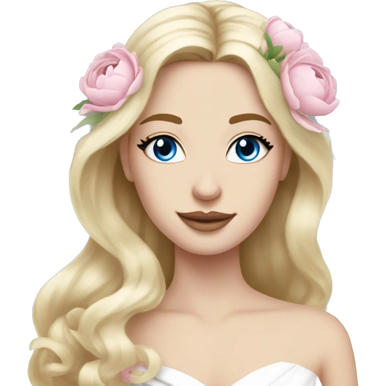 White bride with long light blonde hair and blue eyes with light pink peonies in hair white skin  emoji