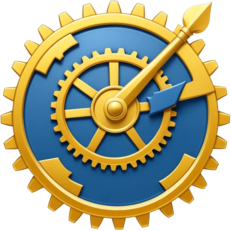 Un libro azul navy con detalles dorados, bordes metálicos y un gear dorado con una flecha ascendente como productividad en la portada, irradiando productividad, estrategia y éxito en movimiento emoji