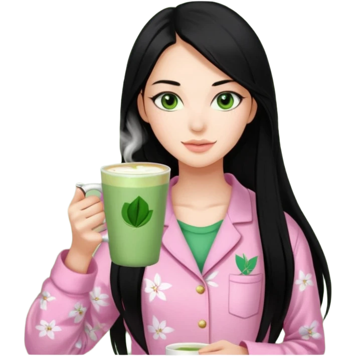 a 18 year old woman pin straight long black hair green eyes pink Victoria secret pjs with matcha emoji
