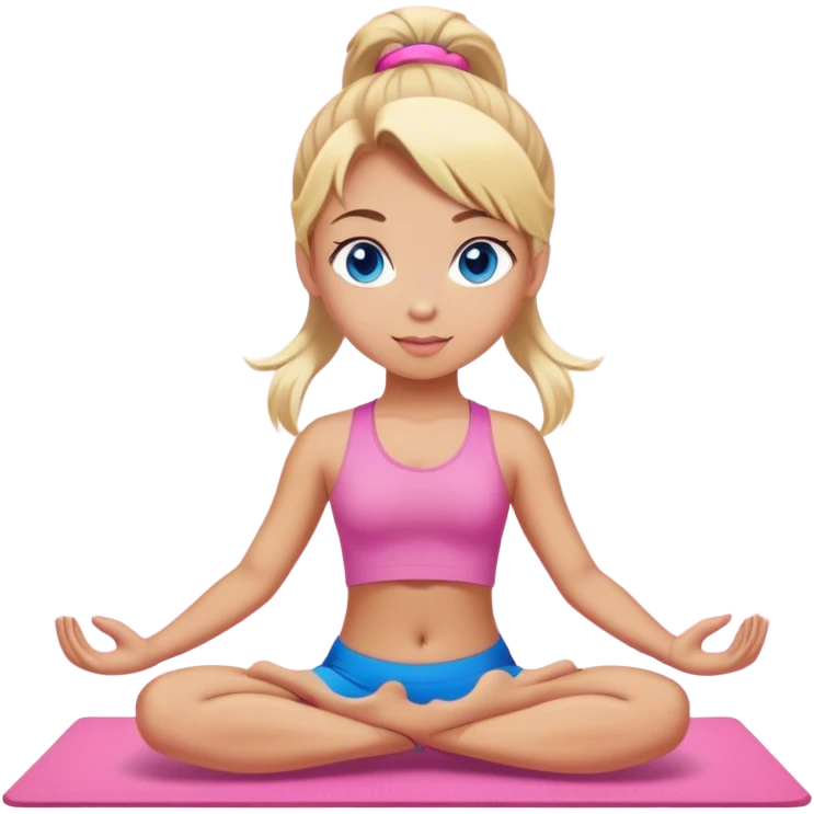 Girl doing pink yoga with blond hair in a pony tail blue eyes tan skin emoji