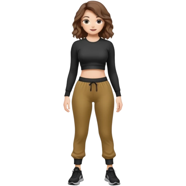 Girl with brown wavy hair, dream body ( small waist, wild hips and big glute) in black long sleev sticky top, grey jogger emoji
