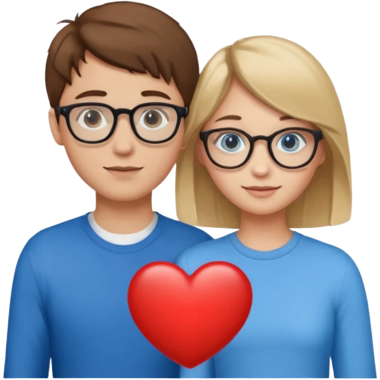 two young lovers, a heart in the middle, boy with brown hair and glasses, girl blonde with blue eyes without glasses, emoji style emoji