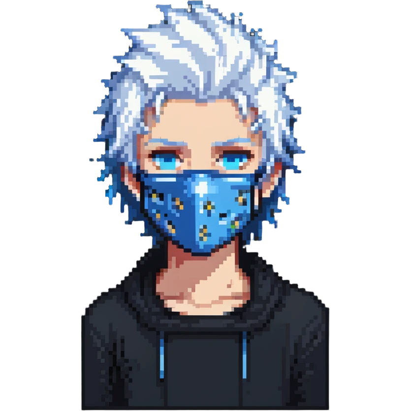 teenager with blue mask, spiky white hair, standing emoji