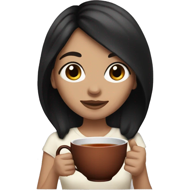 White girl with black hair holding tea emoji
