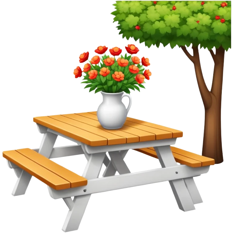 White picnic-benches with a romantic lush warm-colored flower vase on top of picnic-table emoji