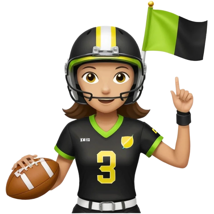 woman celebrating a flag football touchdown, wearing a helmet, black uniform with white accents, lemon lime flag belt, holding a football, no country flags emoji