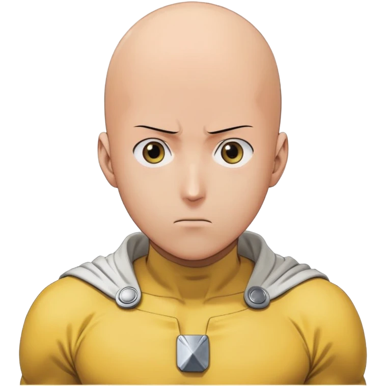Saitama with blank face from One Punch Man, plain expression, bald head, simple round eyes, yellow hero suit, comical anime look emoji