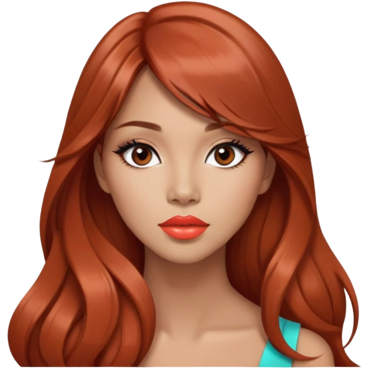 gorgeous woman, light tan skin, very long auburn hair, side bangs, black eyes, coral lipstick, model, latina, asian, mixed emoji