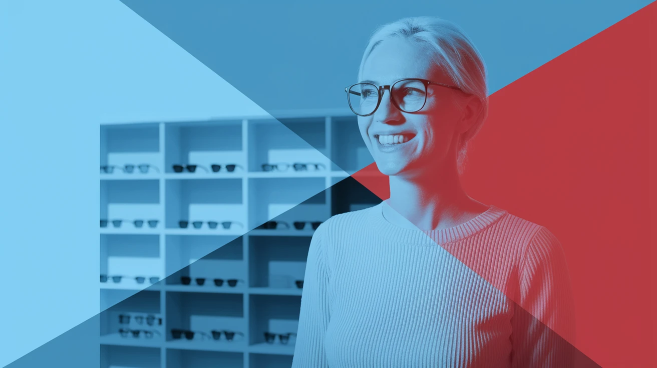Cinematic still, Proffesional advertising of a smiling european white woman with glasses smiling, minimalistic ophthalmologist interior in background, leading  lines, "rule of thirds", 60/30/10 colors, soft light, blue and red emoji