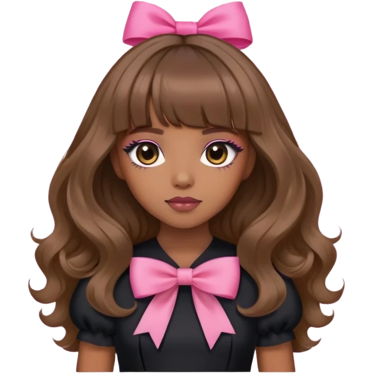 light brown skin, wavy long hair with curtain bangs and douyin makeup and a pink bow on hair,  black dress. emoji