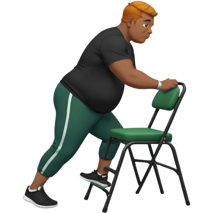 גבר זקן ג'ינג'י מלא כוסע שחור הפוך חולמה שחורה ומכנסיים ירוקות ארוכות מבצע תרגיל לאנג' בתמיכת כיסא מהצד emoji